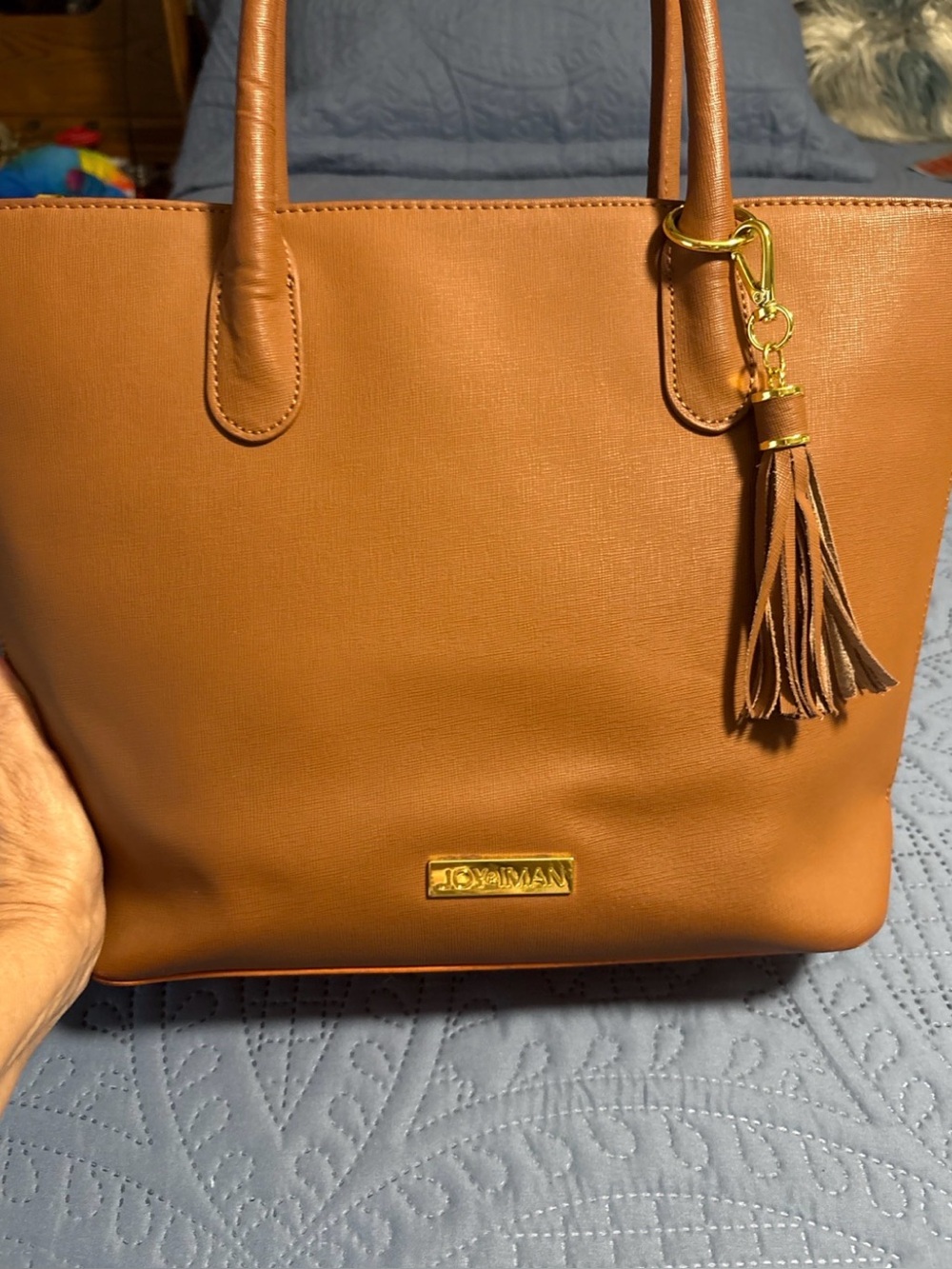 Joy & Iman Caramel Brown 100% Leather Tote Bag Tassel Gold Hardware